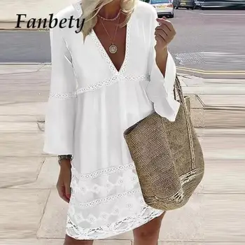 Жена лятна бяла рокля с бродерия в стил мозайка, една модерна вечерна рокля с дантелен шевове 2023, сексуална свободни плажни рокли в ретро стил бохо с V-образно деколте