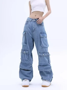 Дамски ретро-панталони с много джобове, с висока талия, ежедневни сини дънки, реколта женски директни дънкови панталони American Street