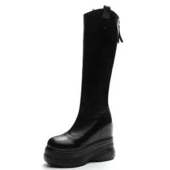 На 11 см от микрофибър на платформата и танкетке, Зимно-есенна обувки, плюшени ботуши до коляното, дамски плюшен модерна черна мода в скрит ток.