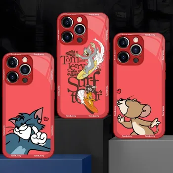 Двойката J-JerryS Mouse Tom Cat Калъф За Телефон Червено-Синьо Стъкло За iPhone 13 14 12 11 Pro Max Plus Mini X XR 8 7 6s SE2020 Калъф