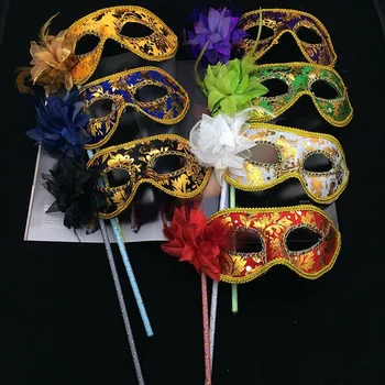 Луксозна Златна маскарадная маска с цветен модел и пръчка за задържане на Дамски принцеса с пайети Луксозна маска на половината лице, Маска за парти на Хелоуин
