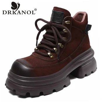 DRKANOL/ Дамски обувки ръчна изработка в стил ретро с дебело дъно, на платформа и висок дебел ток, ботильоны от естествена кожа за жени
