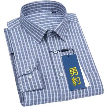 Мъжка лятна ежедневно бельо риза в клетка с дълъг ръкав, памучен риза класически намаляване с яка, копчета, удобни меки риза с ивици B223