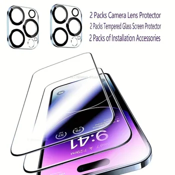 2 опаковки със защитно фолио за екрана с 2 пакети защитно фолио за обектива на камерата от закалено стъкло за iPhone 15 Pro Max 12 13 Mini Pro 11 14 Pro Max
