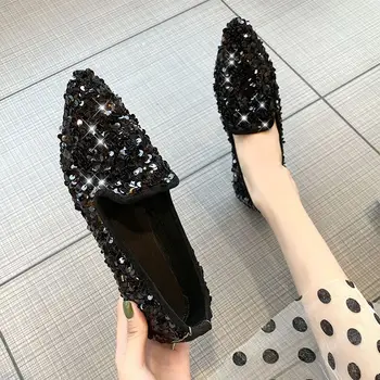 Най-новият Дамски обувки на плоска подметка на точки с остри пръсти, Женски Лоферы без закопчалка на равна подметка, Мързелива дамски Ежедневни обувки на плоска подметка