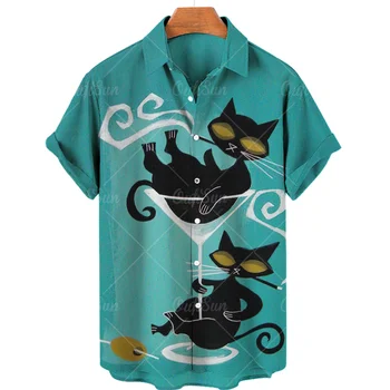 Лятна Нова Мъжка Риза С Коте И Кошачьим Принтом, Модни Персонални Хавайска Риза 5xl За Мъже, Свободна Тениска, за Мъже Одеж