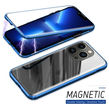 Калъф за мобилен телефон iPhone 14 13 12 11 Pro Mini Max Plus с двустранно стъкло, капачка за обектива, Магнитна защита на екрана и камера