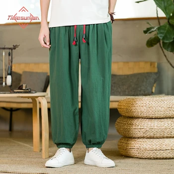 Пролет / Лято памук, ленени панталони в китайски стил за мъже Удобни и дишащи Свободни ежедневни панталони Зреещи Зреещи