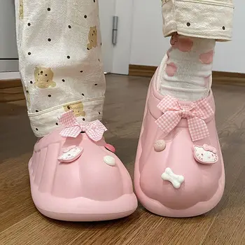 Памучни чехли Miniso Sanrio EVA дамски зимни домашни нескользящие чехли с дебело дъно, плюс кадифе чанта за студенти, скъпа домашна Топла розова