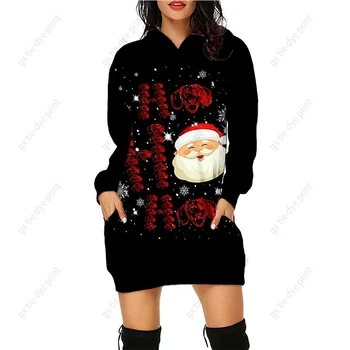 Дамски hoody с принтом Дядо Коледа, модерен всекидневни женски топ с кръгло деколте и коледните принтом, мини пуловер, пуловери, дамски пуловери