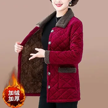 Зимните паркове за мама, утепленная плюшем топло вельветовая яке за жени на средна възраст, Кадифе памучни дрехи, парк с подплата голям размер