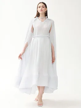 Много голям рокля MIYAKE за жени, есен ново однотонное ежедневното плиссированное свободно рокля-наметало с дълъг ръкав и голямо подолом, стил на [6181]