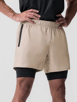 Мъжки къси панталони с появата на кант, нови мъжки спортни двуслойни шорти с безпроблемна еластична подплата, дишащи панталони за фитнес 2-в-1 голям размер