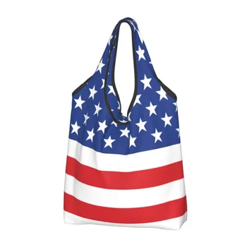 Изработена по поръчка на Чанта за пазаруване с флага на сащ, дамски преносима чанта за хранителни стоки с голям капацитет, чанти за пазаруване звезди САЩ