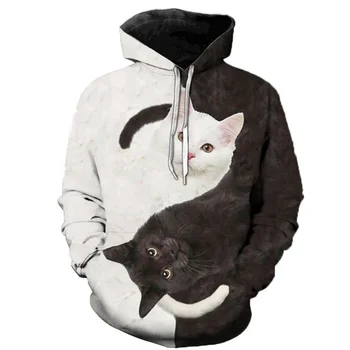 2024 Ново записване, черно-бяла котка, 3D блузи с качулка, мъжки, Дамски палта, Модерни ежедневни пуловери, градинска облекло в стил харадзюку, качулки