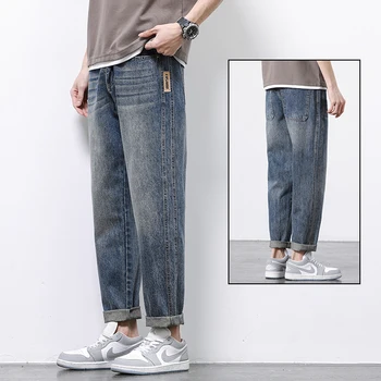 Висококачествени маркови пролетни Мъжки дънки от еластичен памук с дължина до глезена, дизайнерски дънкови панталони в корейски стил, ежедневни панталони D15