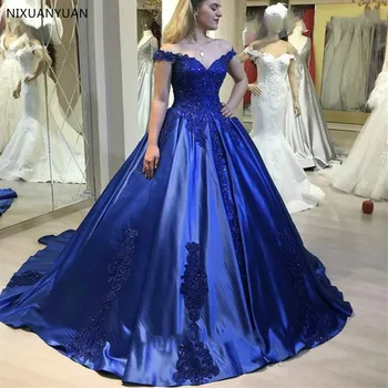 Празнична рокля с V-образно деколте, кралския син цвят, с открити рамене, рокли за абитуриентски бал, дантелени апликации, официално парти за специални случаи.