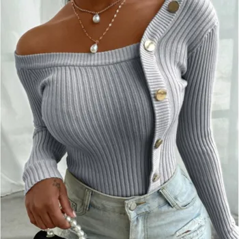 Есенна дамска блуза 2024 г., Обикновена върховете на копчета с открити рамене, Модерен, Секси приятелка, Blusa Mujer