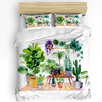 Саксия, акварелни листата на кактус, комплект спално бельо от 3 теми за спалня, двойно легло, домашен текстил, чаршаф, Стеганое одеяло, калъфка за възглавница