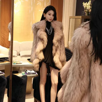 Зимно модно палто от изкуствена кожа, дамско сако, яке с къдри от дебела топла лисьего кожа 2024, елегантни дамски връхни дрехи в корейски стил 아우터