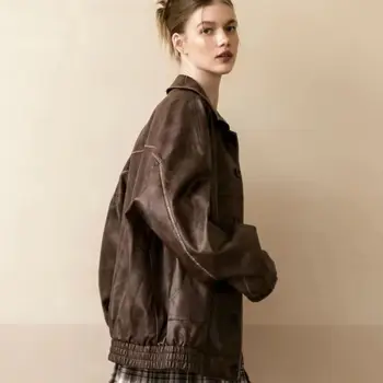 Началото на есенния дамски модни дрехи, нова, уникална и супер красива американска нишевая малка ароматна кафяво кожено яке