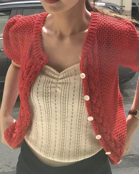 Новият годишен кратък вязаный пуловер с кръгло деколте и пищните ръкави 2023, женски жилетка с къс ръкав