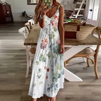 Винтажное рокля с флорални принтом, секси рокля на спагети презрамки с V-образно деколте в стил харадзюку, Дълги елегантни рокли, дамски летни плажни рокли за бала 2023 година