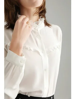 1БР Дамски ризи с дълъг ръкав, блуза, топ, дървени уши, яка, яка-часова, 100% естествена коприна тутового бял цвят. S-473