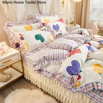 Комплект спално бельо Корейската принцеса Луксозна постельная пола от утолщенного выстиранного памук, с цветен принтом Queen King Woman Kawaii Момиче Set