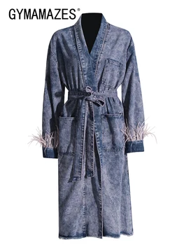 Джинсовое палто GYMAMAZES в стил мозайка с цветни блокчета и пера, женски джинсовое палто с V-образно деколте и дълъг ръкав, ежедневни палто с джобове, Дамска мода