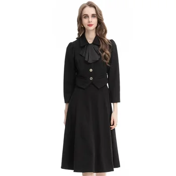 Модерен подиумный есенно-зимния черен костюм, дамско палто с отложным яка и дълъг ръкав + пола, комплекти от 2 теми, дамски дрехи