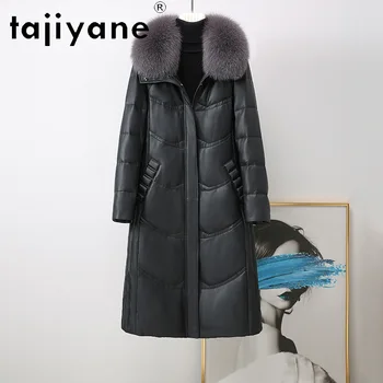 Дамско яке от естествена кожа Tajiyane, зимно палто в бяло утином топола с качулка и шал яка от лисьего кожа, топли дълги якета от агнешка кожа Abrigos