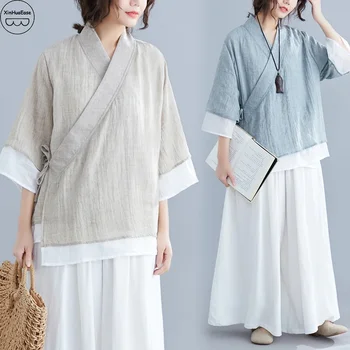 WATER Liziqi Традиционни китайски костюми Форма на Тай-чи Ежедневни блузи Hanfu Панталони Памучен бельо облекла Ретро Дишаща