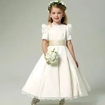 Дантелено рокля цвят на слонова кост, с цветя модел за момичета, ръкав-фенер, колан с лък, рокля на принцеса за момиченца, сватба, рожден Ден, Рокля за първо причастие