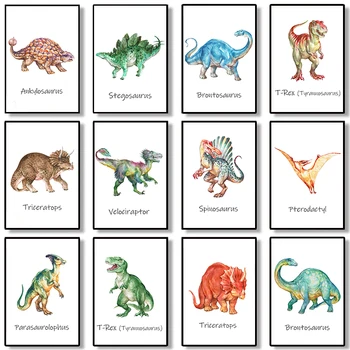 Рисунки на динозавър Тираннозавра от развъдник, отпечатани на платно за момчета в скандинавски стил за дневната, плакати за домашен интериор на детската стая