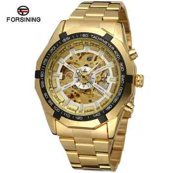 Forsining Луксозни класически златни черен часовник с римски цифри, бизнес мъжки механичен часовник с метална каишка