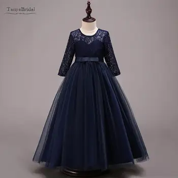 Ново записване, рокля с цветя модел за момичета, Висококачествени дантелени детски рокли с дълъг ръкав, рокля за първо причастие, тъмно синя рокля XF047