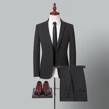 Модерен бутиков хотел Four seasons висок клас (костюм + панталон с плосък яка, монтиране на фигурата, случайни мъжки костюм в сиво райе от две части