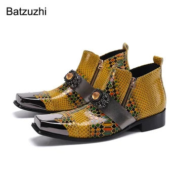 Batzuzhi/ Мъжки обувки са Ръчно изработени в Западен стил С Квадратна Метална Бомбе, Обувки от Естествена кожа с цип в стил Рок, Вечерни, Сватбени