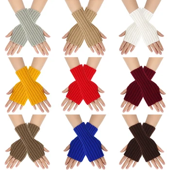 Есенно-зимни дамски плетени калъф за ръкавици на полпальца, обикновена, меки, топли, на вертикални райета, без пръсти, аксесоар за дрехи за възрастни, унисекс