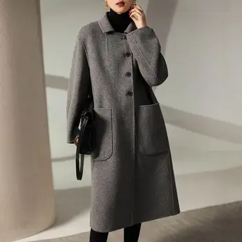 Яке със средна дължина Стилно дамско палто със средна дължина, с ревери, однобортный жилетка с джобове, плътен, без за есен / зима