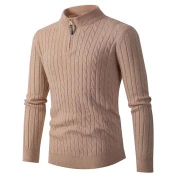 Зимен мъжки пуловер с цип, приталенная hoody, всекидневни вязаный пуловер с висока воротом, пуловер-поло с имитация на вратата, мъжки есенни блузи, пуловер