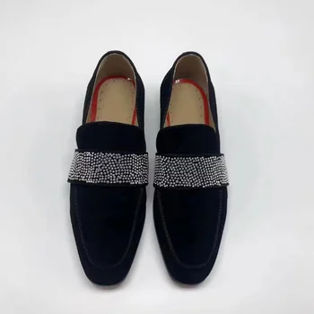 Висококачествени Модни черни Лоферы, Мъжки обувки с кристали, Кадифе ръчно изработени обувки За мъже, слипоны на равна подметка, мъжки чехли за пушачи