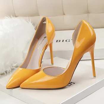 Дамски обувки-лодка на среден ток 7,5 см, жълти обувки-лодка на висок ток 10,5 см, офис пикантни сватбени обувки на висок ток, пикантни женски обувки на нисък ток за младоженци