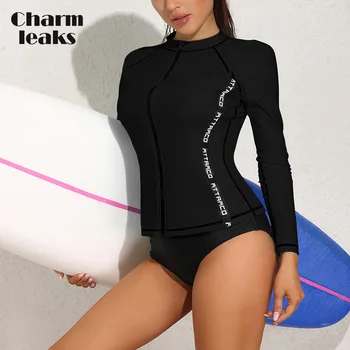 Charmleaks Дамски Защита От Акне джоб С Цветни Букви Кръгъл Отвор UPF 50 + Върховете, За да Сърфирате С Дълги Ръкави Бързосъхнеща Мека Плажно Облекло