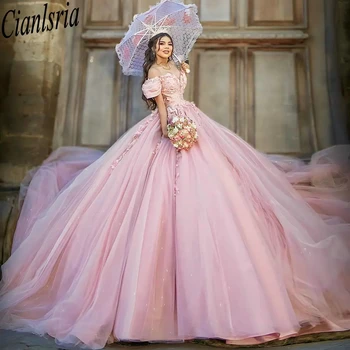 Розова Бална рокля Принцеса в Сгъвката С 3D Цветове, Буйни Рокля С Открити рамене, Дантелен Корсет С апликации, Vestidos De 15 Años