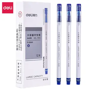 Гел химикалка DELI голям капацитет 0,5 мм, 3 бр./лот, черни, сини химикалки с гелевыми мастило и червен цвят, канцеларски материали, ученически пособия