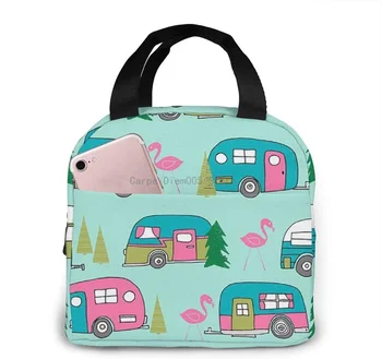 Чанта за обяд Happy Camper Flamingos за Еднократна употреба, изолиран хладилник, чанта-тоут с цип в предния джоб за работа с жени и мъже