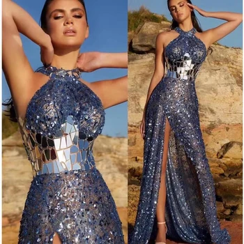 Изискано женско бална рокля Royal Blue Hater без ръкави, расшитое мъниста и пайети с цепка отстрани, луксозно модно вечерна рокля за абитуриентски бал в стил Империя 2023 г.